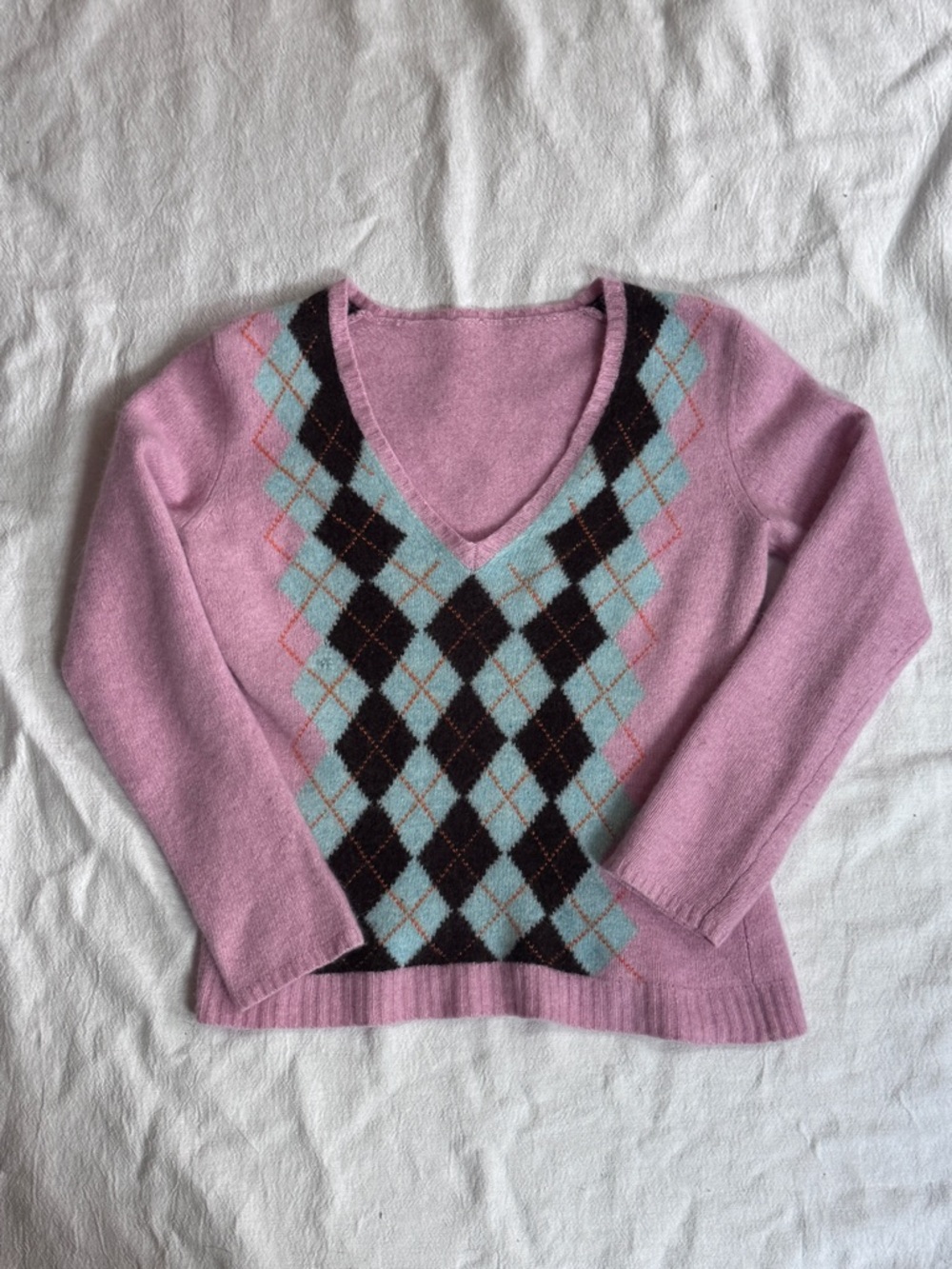 Vintage J.Crew Fang Brothers Sample Sweater Angora Cashmere Pink Argyle S/M